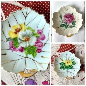 Vintage floral leaf plates 5" hand painted gold leaf set of 3